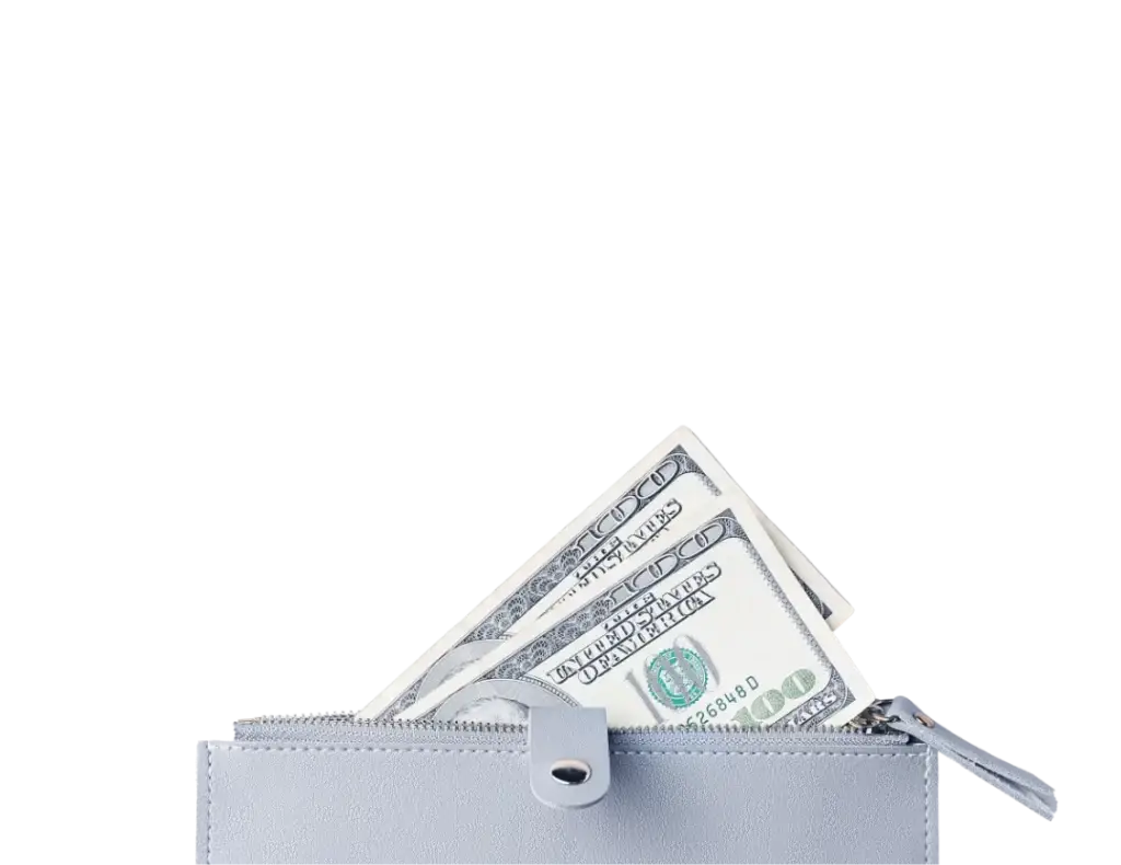 Geldscheine in einer grauen Geldbörse mit Reißverschluss, die teilweise geöffnet ist, um den Inhalt zu zeigen.