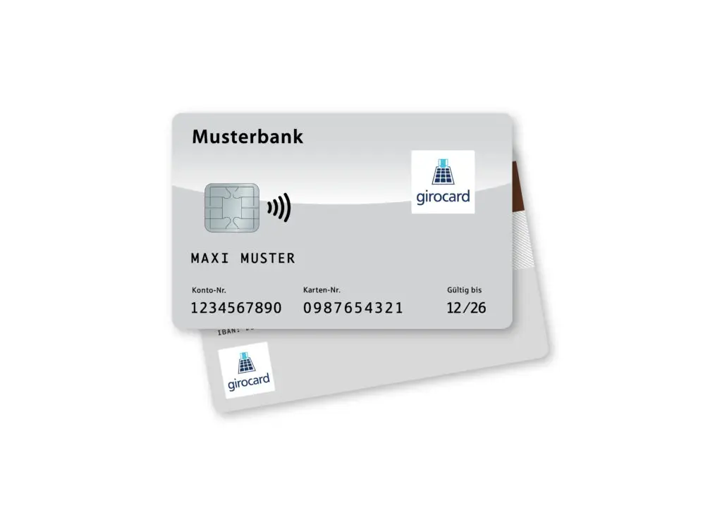 Girocard einer Musterbank mit Kontoinformationen, gültig bis 12/26, zeigt die Vorder- und Rückseite der Karte.