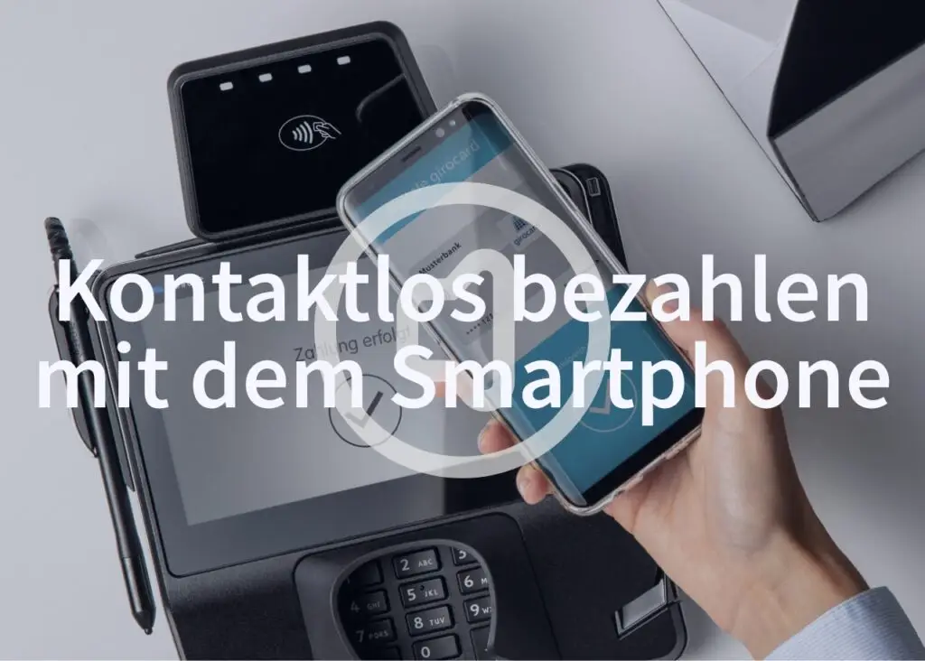 Bild eines Smartphones, das zur kontaktlosen Zahlung an einem Kassenterminal verwendet wird, mit der Anzeige "Zahlung erfolgreich". Ideal für Informationen zu mobilem Bezahlen und kontaktlosen Zahlungsmethoden.