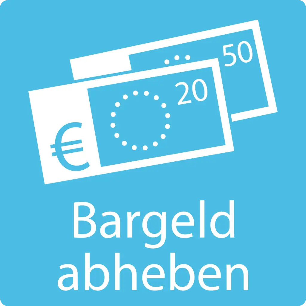 Grafik mit dem Text Bargeld abheben und Abbildungen von 20 und 50 Euro Scheinen auf hellblauem Hintergrund, symbolisiert die Möglichkeit, Bargeld an Geldautomaten abzuheben.