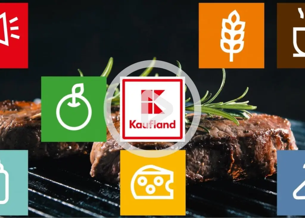 Bild zeigt ein saftiges Steak auf einem Grill, umgeben von Symbolen für verschiedene Lebensmittelkategorien wie Obst, Käse und Getreide. Im Zentrum befindet sich das Logo von Kaufland, was auf eine Verbindung zu Lebensmitteln und Einkaufsmöglichkeiten hinweist.