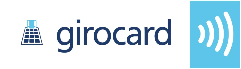 Logo der girocard mit einem Symbol für kontaktloses Bezahlen auf blauem Hintergrund, geeignet für die Darstellung von modernen Zahlungsmethoden in Deutschland.