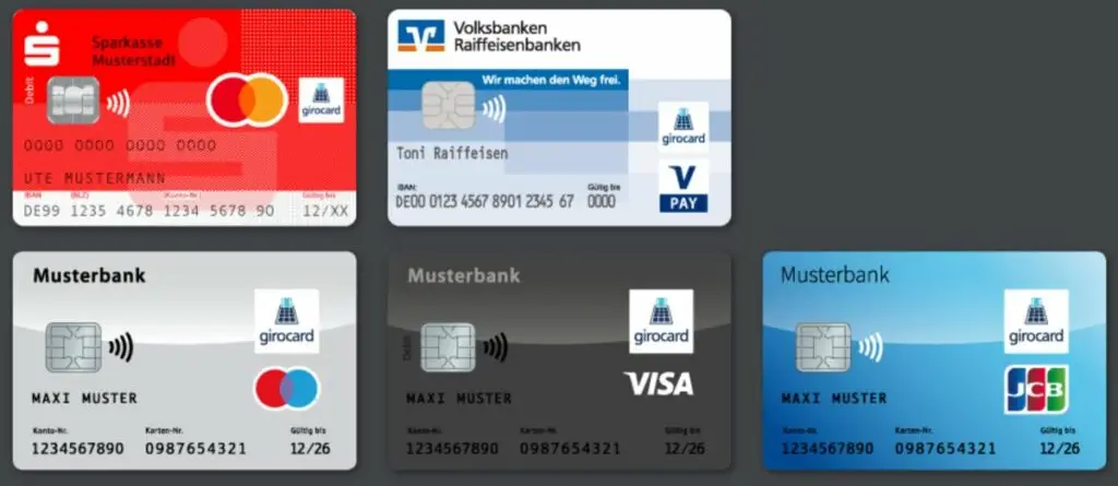 Abbildung von verschiedenen Bankkarten, einschließlich Girocards und Kreditkarten, mit Logos von Sparkasse, Volksbanken und weiteren Banken. Die Karten zeigen verschiedene Namen und IBAN-Nummern sowie das Ablaufdatum, was die Vielfalt der angebotenen Finanzdienstleistungen verdeutlicht.