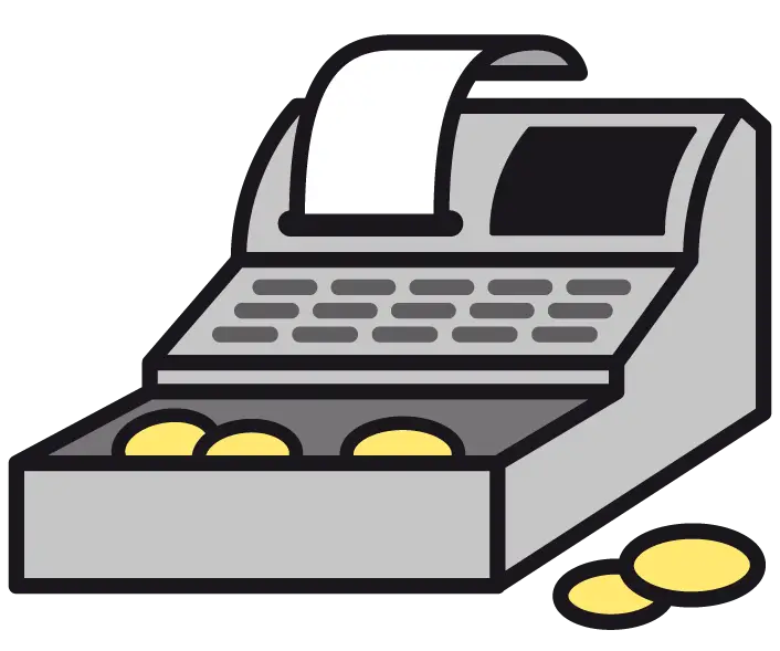 Bild einer modernen Registrierkasse mit einem Kassenbon und Münzen im Ausgabefach, ideal für Einzelhandel und Gastronomie.