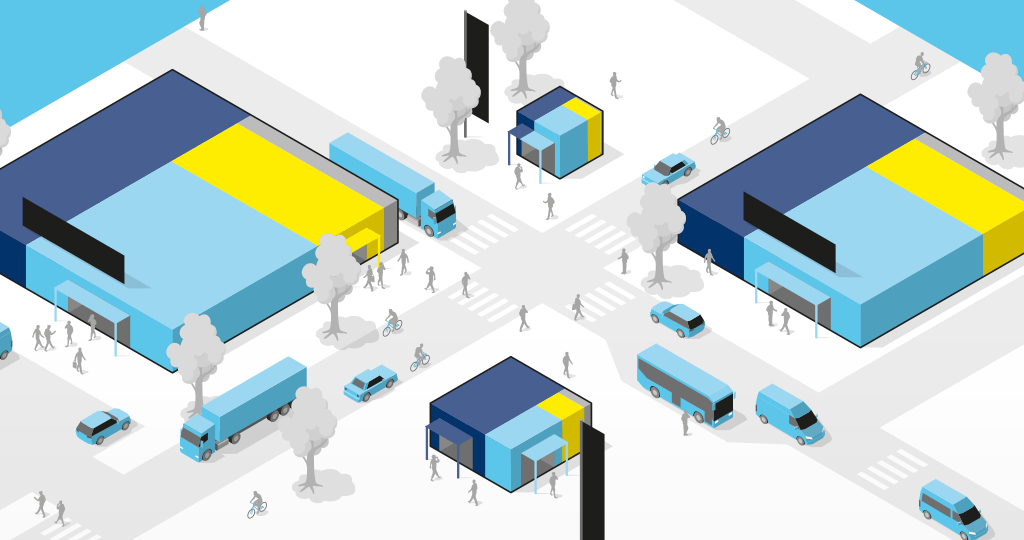Städtische Szene mit modernen, bunten Gebäuden, Fußgängern, Radfahrern und Fahrzeugen an einer belebten Kreuzung, die ein lebendiges Stadtleben darstellt.