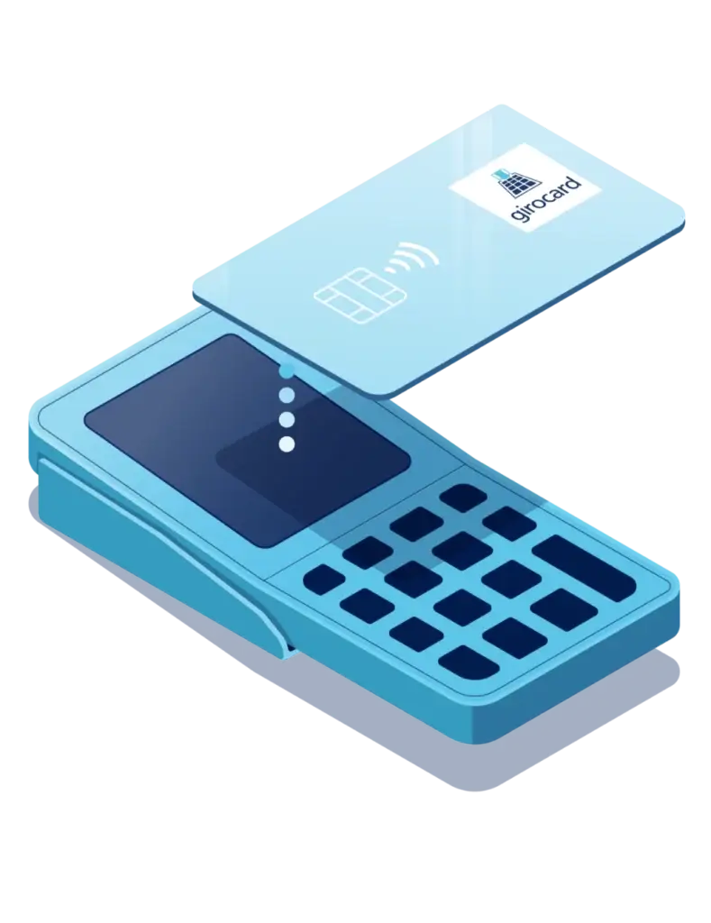 Illustration eines kontaktlosen Zahlungsterminals mit einer Geschenkkarte, die über den Bildschirm gehalten wird, um eine Zahlung zu initiieren. Das Design ist modern und in verschiedenen Blautönen gehalten.