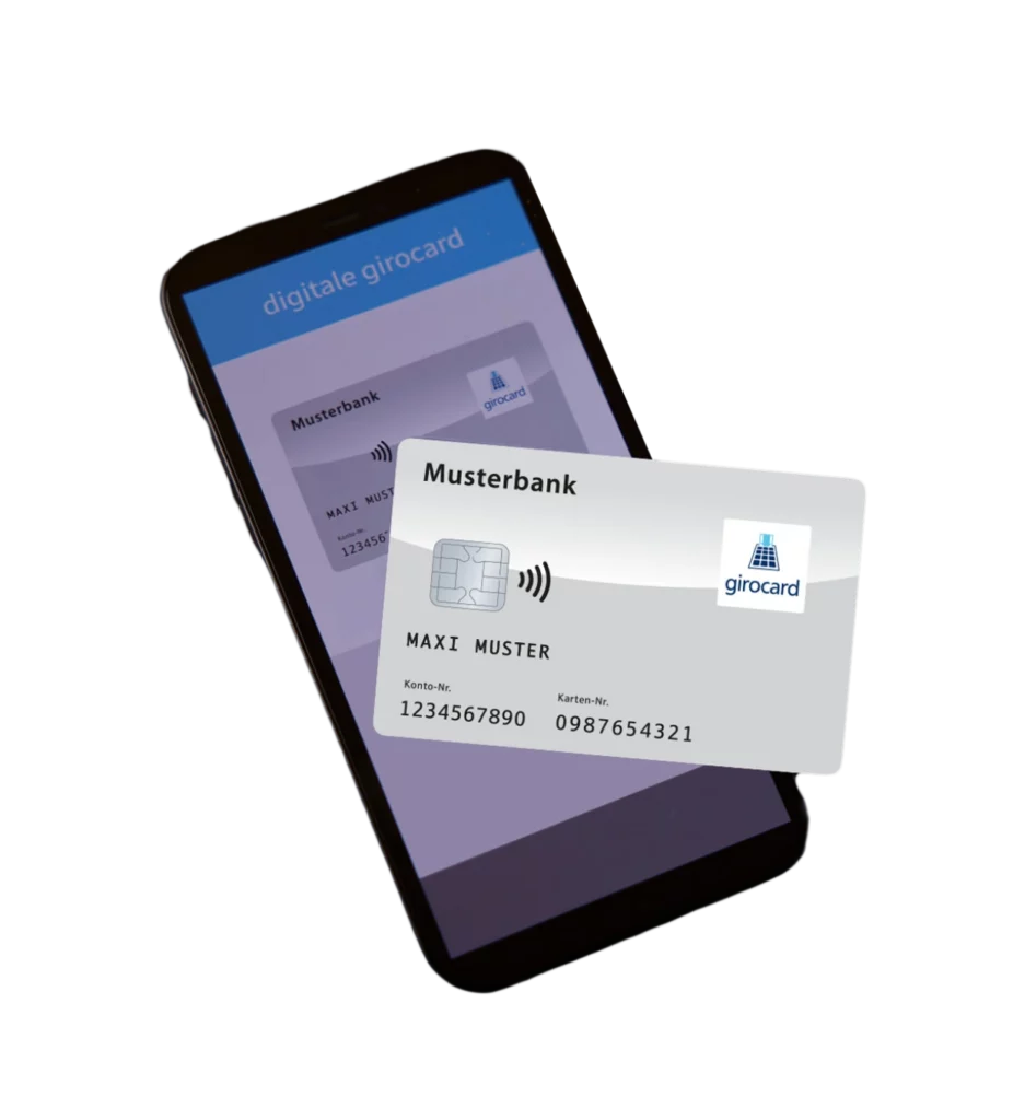Bild zeigt eine digitale girocard der Musterbank auf einem Smartphone. Die girocard ist mit NFC-Technologie ausgestattet und ermöglicht kontaktloses Bezahlen. Auf dem Bildschirm des Smartphones sind die Kartendetails deutlich sichtbar.
