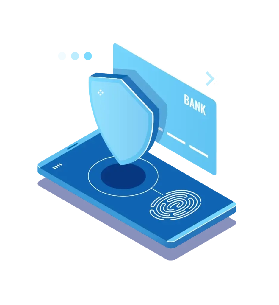 Grafik eines Smartphones mit einer Bankkarte und einem Sicherheitsschild, das digitale Sicherheit und den Schutz von Finanztransaktionen symbolisiert.