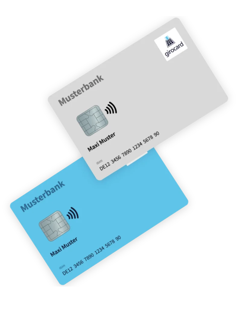 Zwei girocards der Musterbank in unterschiedlichen Farben, eine graue und eine blaue, beide mit kontaktloser Zahlungsfunktion und dem Namen Maxi Muster.