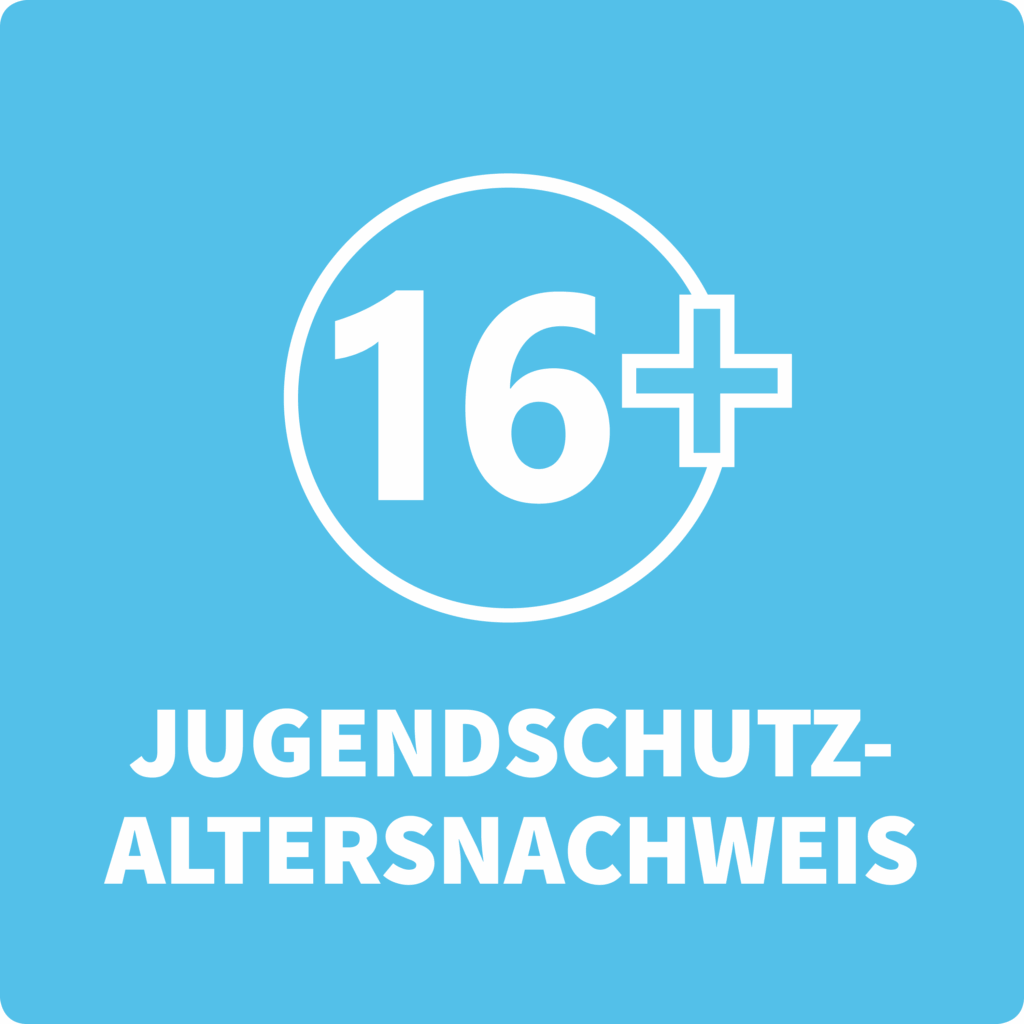 Das Bild zeigt den Schriftzug "16+. Jugendschutz- Altersnachweis."