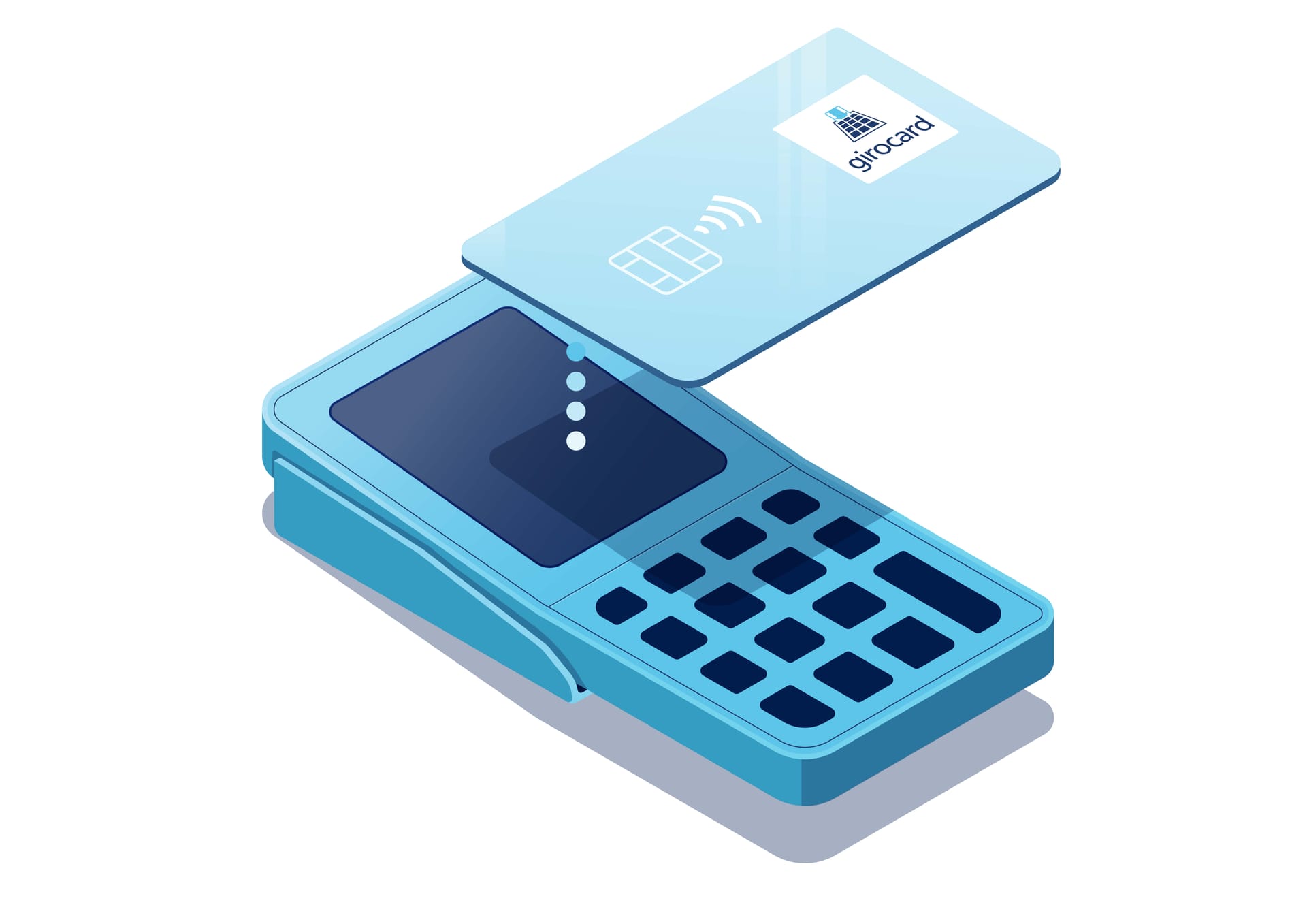 Illustration eines modernen Zahlungsterminals in Blau mit einer aufliegenden girocard, die kontaktloses Bezahlen ermöglicht. Das Terminal zeigt eine Tastatur und einen Bildschirm, ideal für den Einsatz im Einzelhandel.