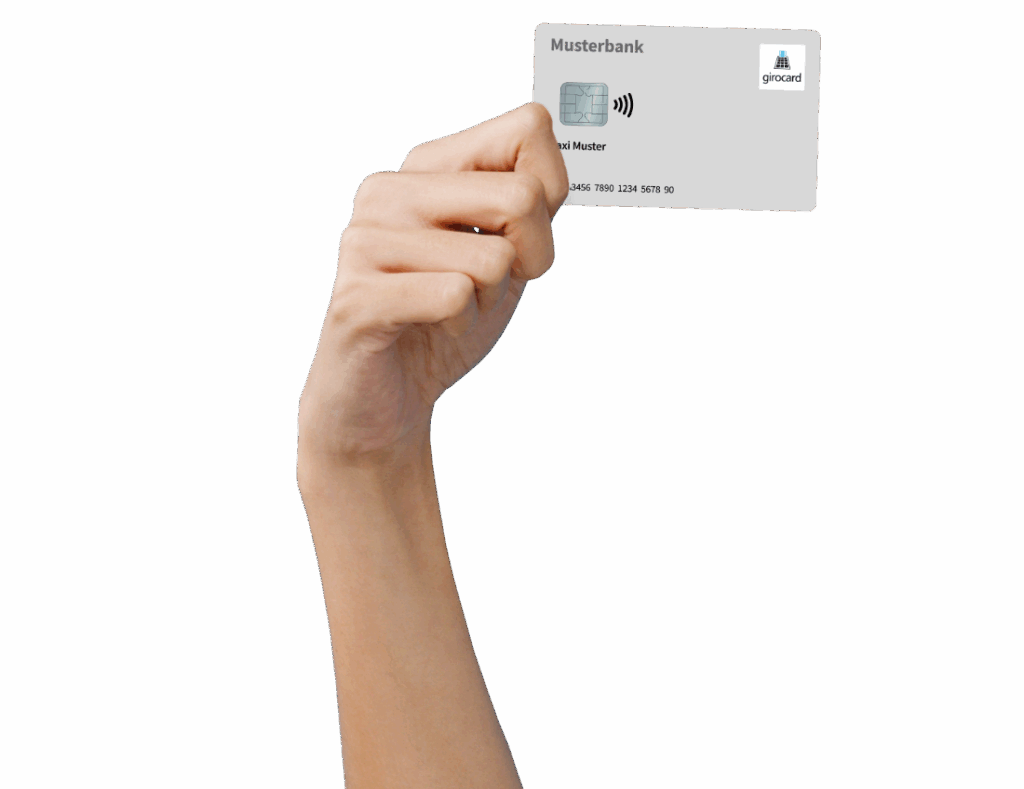 Hand hält eine Girocard der Musterbank mit kontaktloser Zahlungsfunktion, ideal für moderne Bezahlmethoden und Finanztransaktionen.
