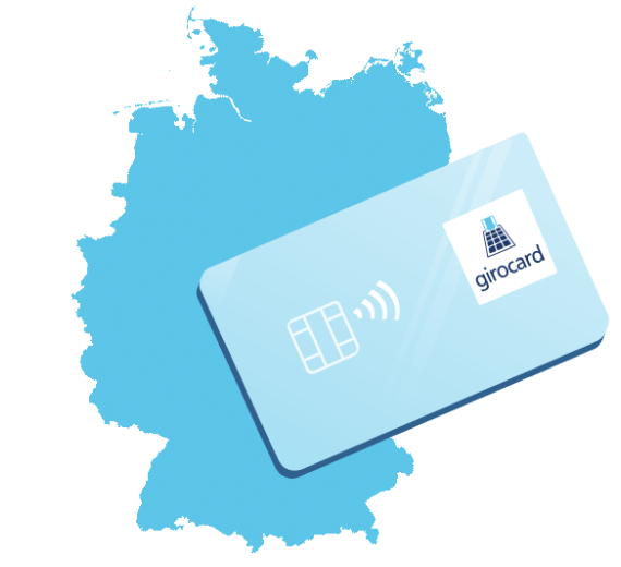 Girocard auf einer stilisierten Karte von Deutschland, symbolisiert kontaktloses Bezahlen und die Verbreitung von Girokarten in deutschen Banken.